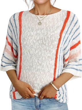 Lightweight White Striped Knit Sweater with Coral & Blue Accents